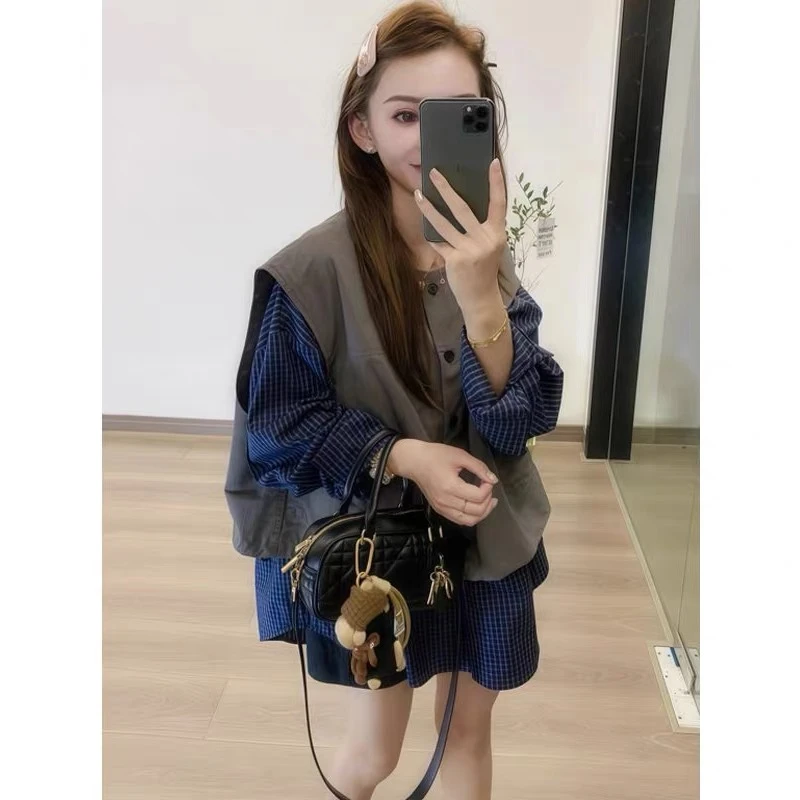 胖丫专属—5888假两件格子衬衫拼接马甲女秋季设计感小众上衣外套