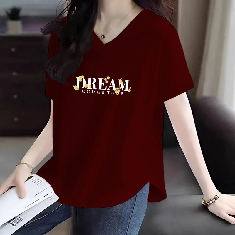 夏季新款圆弧下摆洋气休闲显瘦大码宽松潮流100%纯棉短袖V领T恤女