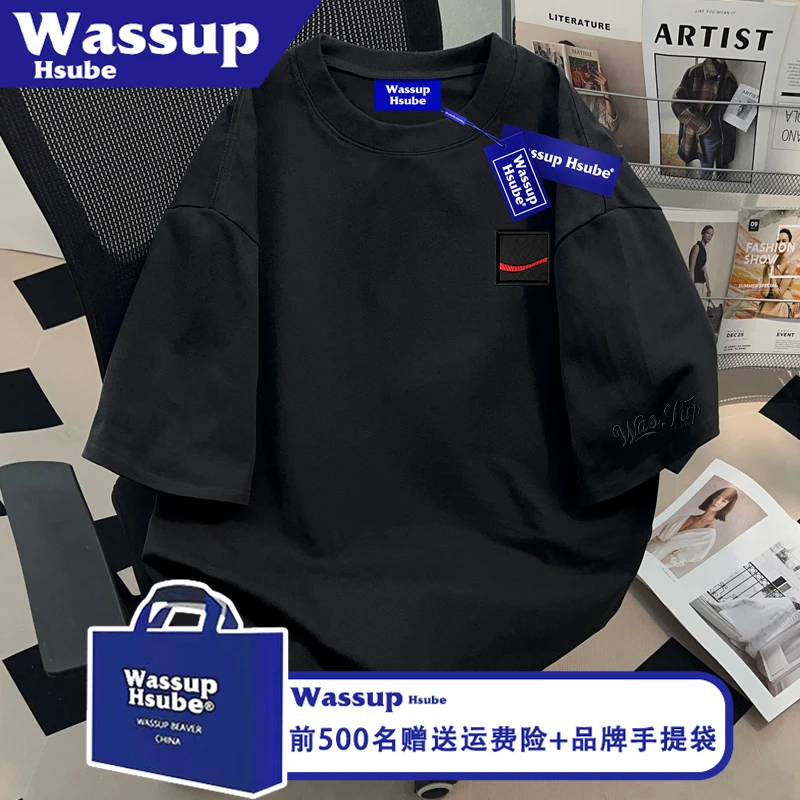 WASSUP HSUBE印花T恤ins男女同款学院风上衣夏季100%棉黑色短袖