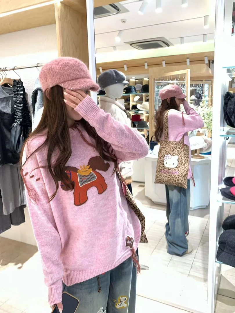 【济州岛】粉色小马甜美氛围感叠穿毛衣