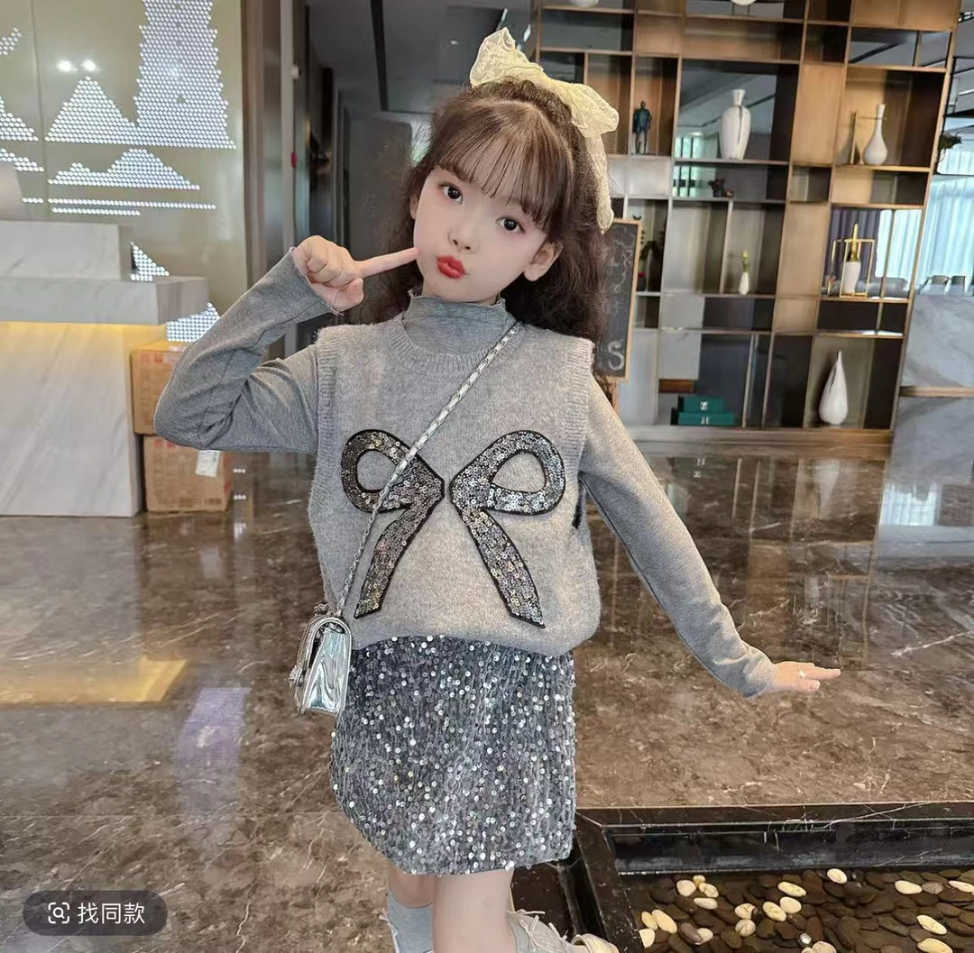 【秋上新】女童韩系亮片蝴蝶结马甲三件套D