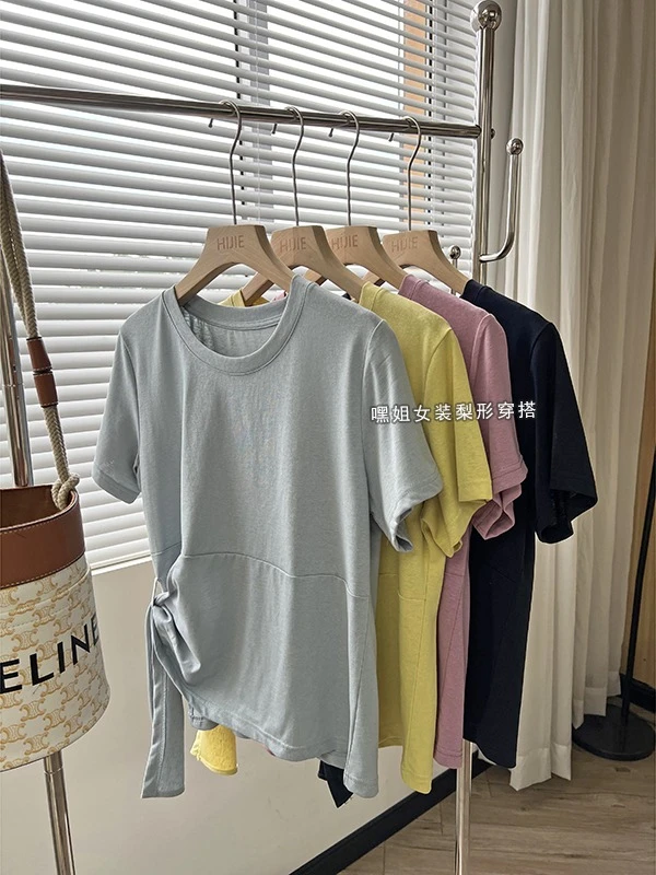 【一秒入夏】韩版显瘦圆领不规则收腰绑带T恤短袖女宽松纯色上衣夏