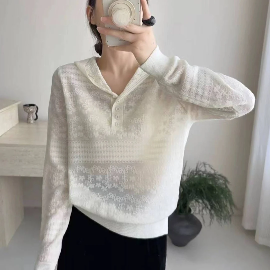 7733 复古气质蕾丝高级感穿搭连帽针织上衣