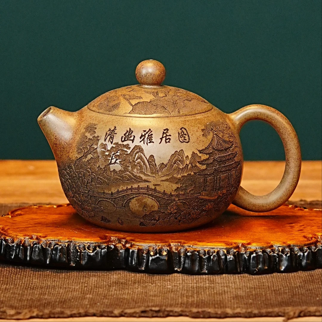 宜兴紫砂茶具  原矿龙背青泥料刻绘清幽雅居图西施紫砂茶壶