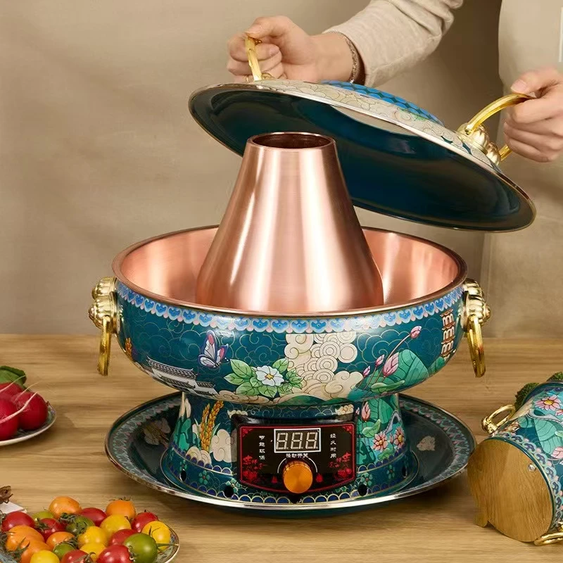 景泰蓝铜火锅纯紫铜插电老式珐琅木炭鸳鸯铜锅家用火锅锅具