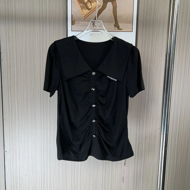 8063撤柜az显瘦短款上衣2025T恤短袖夏季设计不规则褶皱