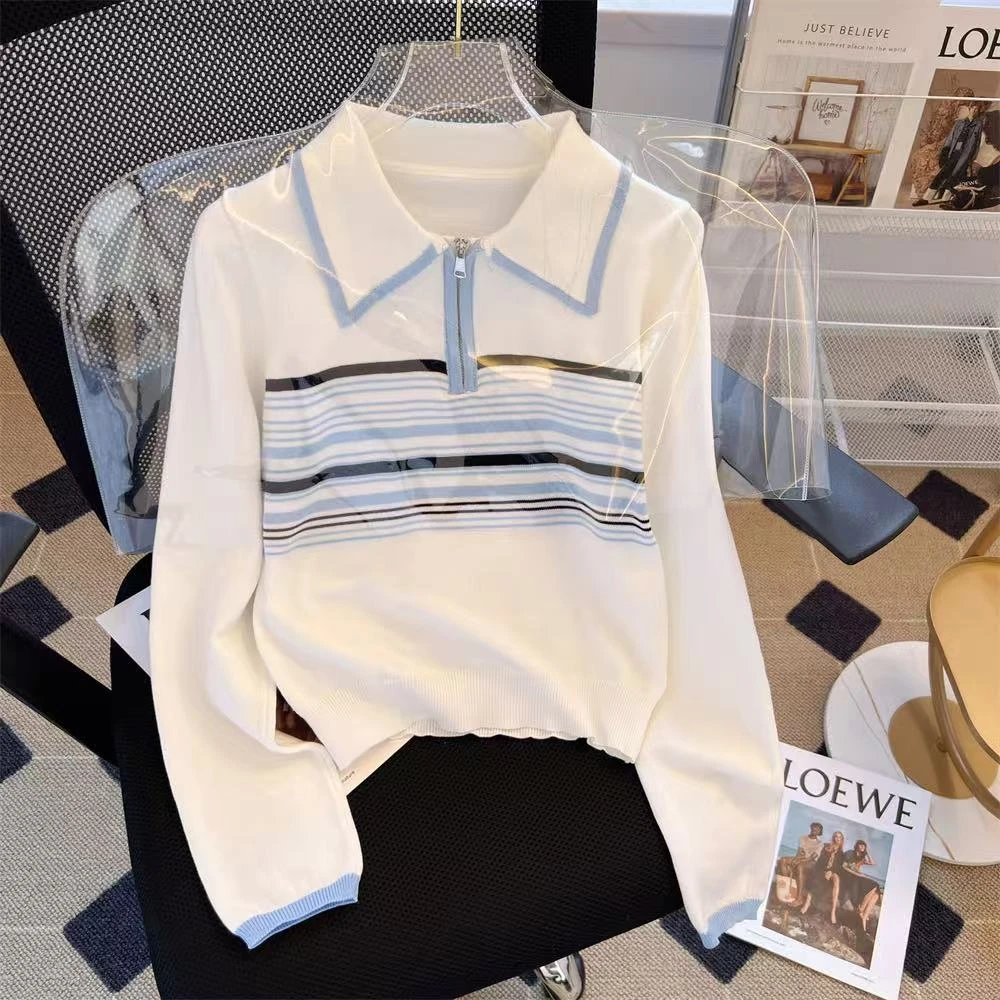 A0463条纹Polo领长袖针织衫女春秋季修身显瘦套头毛衣短款2025