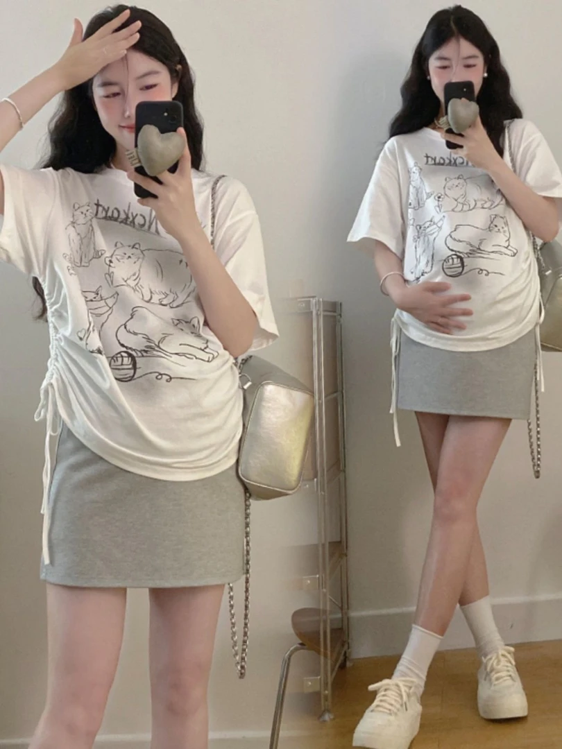 孕妇上衣夏装宽松抽绳短袖t恤衣服套装夏季薄款半身短裙两件套女