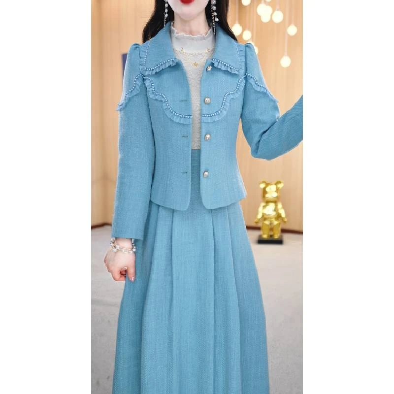 【两件套】春季圆领纯色收腰显白长袖连衣裙M-4XL