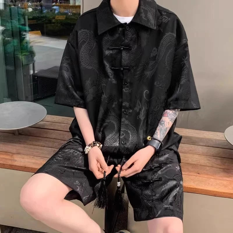 仓石一树新中式国风套装男夏季高级感冰丝龙纹盘扣衬衫短裤两件套