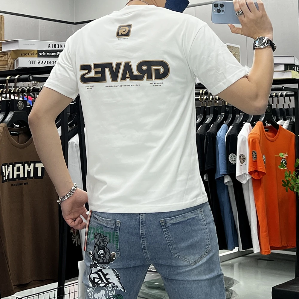 正品欧洲站时尚刺绣印花短袖T恤男士圆领打底衫个性半袖上衣男装