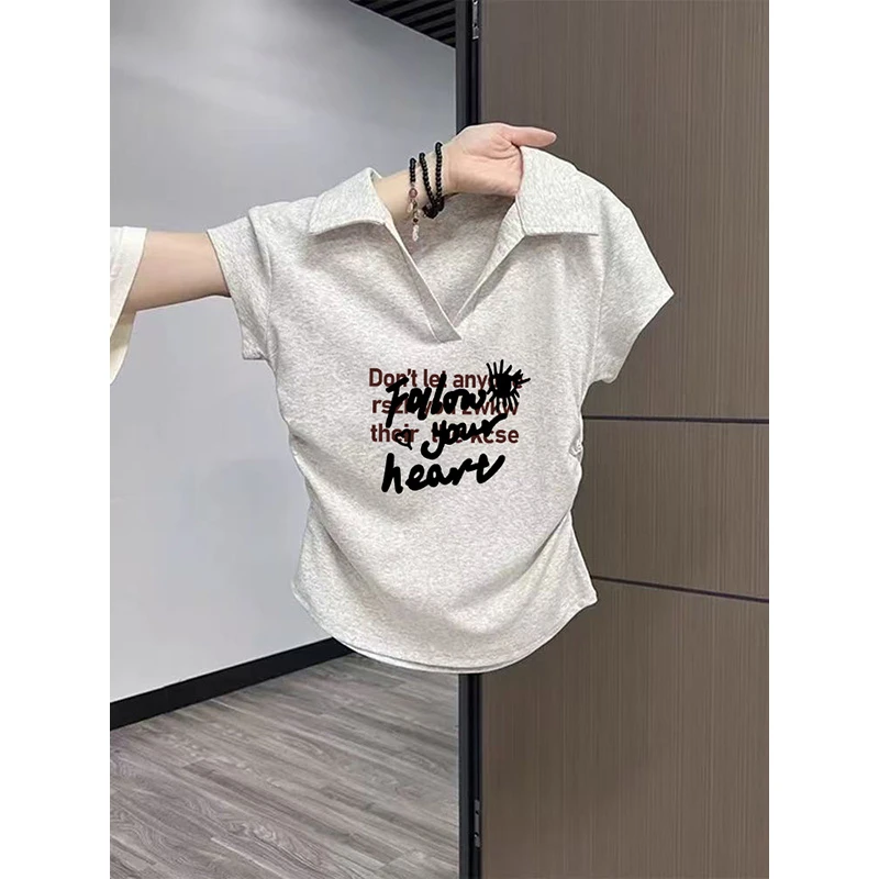 设计感翻领polo衫正肩t恤短袖女夏季辣妹v领修身褶皱短款纯棉上衣