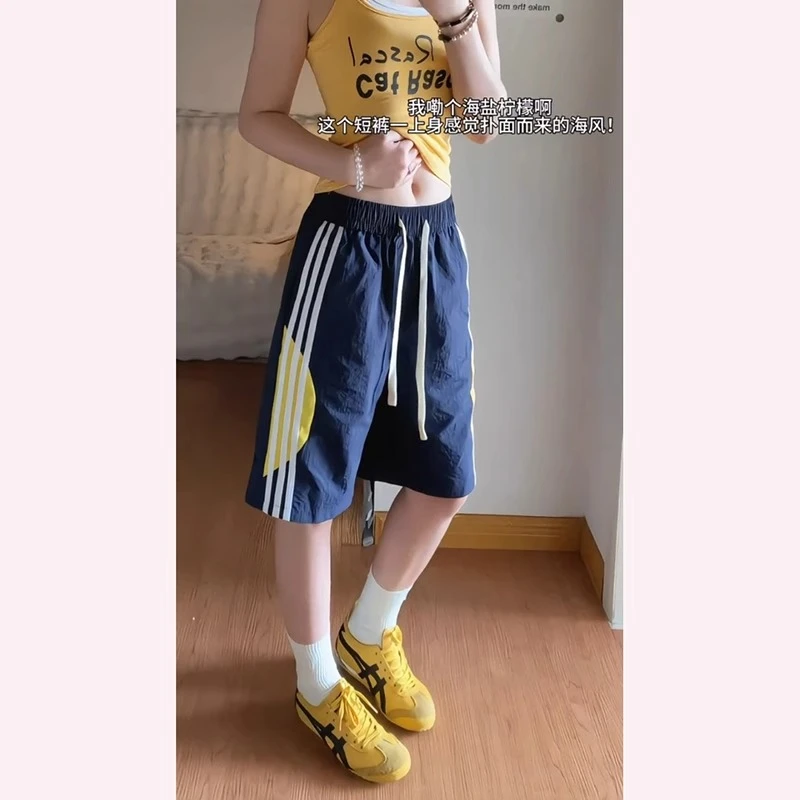 三条杠速干短裤男夏季织带拼接宽松五分袖美式机能户外沙滩裤子潮