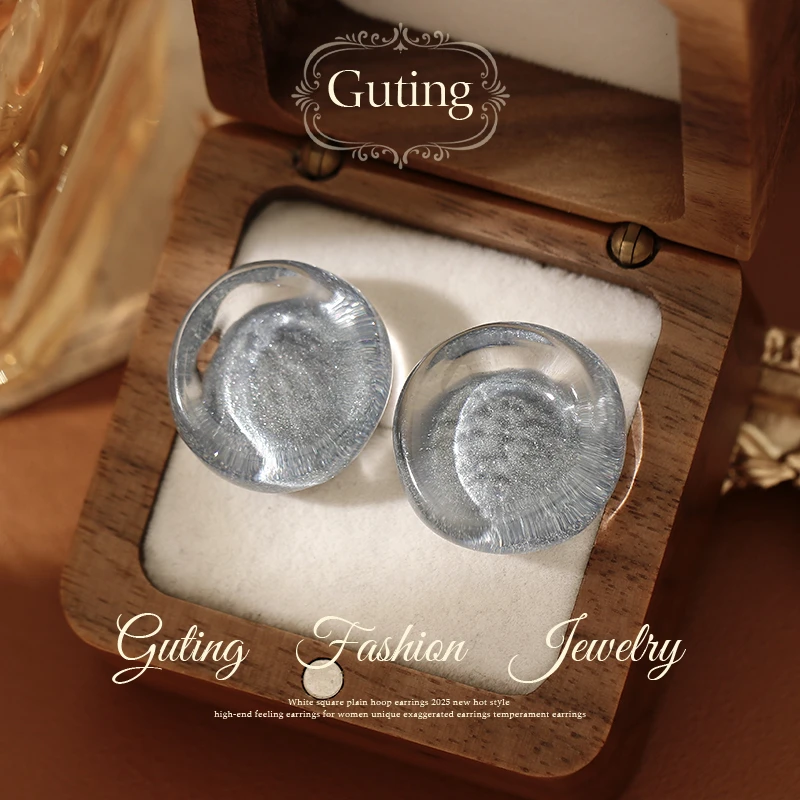 铜合金耳饰 22329蓝色几何圆盘耳钉女巨好看耳饰小众设计感耳环