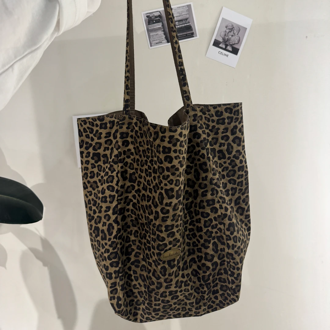 文艺风豹纹托特包敞口双根单肩包韩版休闲山系甜辣风网红