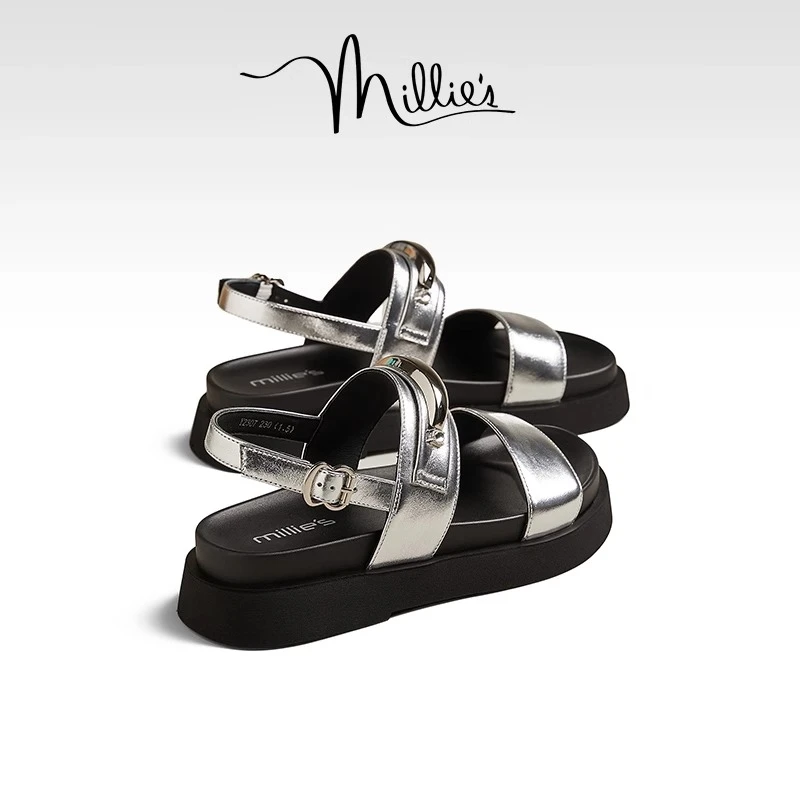 MILLIE'S/妙丽真皮时尚厚底半拖新款外穿夏小众增高一字凉拖鞋女Z
