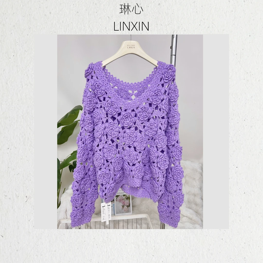 秋冬时尚百搭新款女装紫色立体提花镂空针织衫 0721
