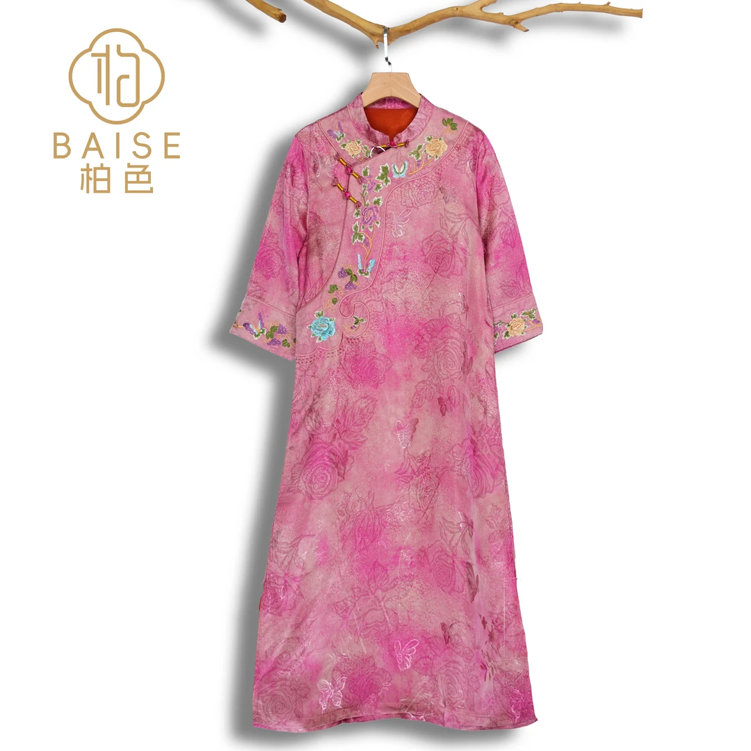 中式连衣裙复古斜襟盘扣春季女装宽松连衣裙2513