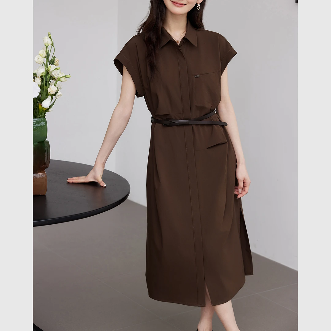 夏季轻熟风连肩袖衬衫式中长款连衣裙女5139-81B008