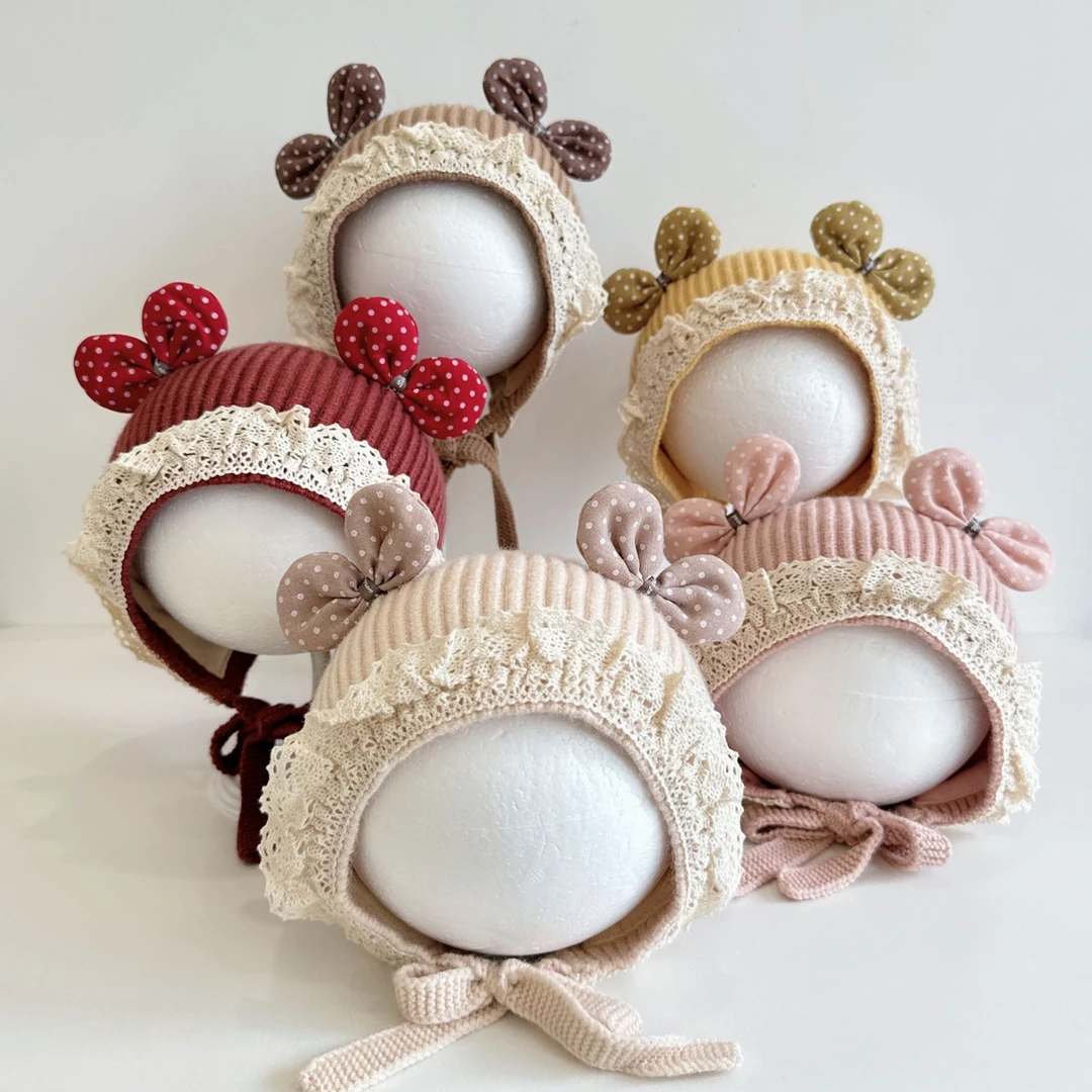 宝宝帽子秋冬季婴儿可爱蝴蝶结花边护耳帽女童户外防风保暖毛线帽