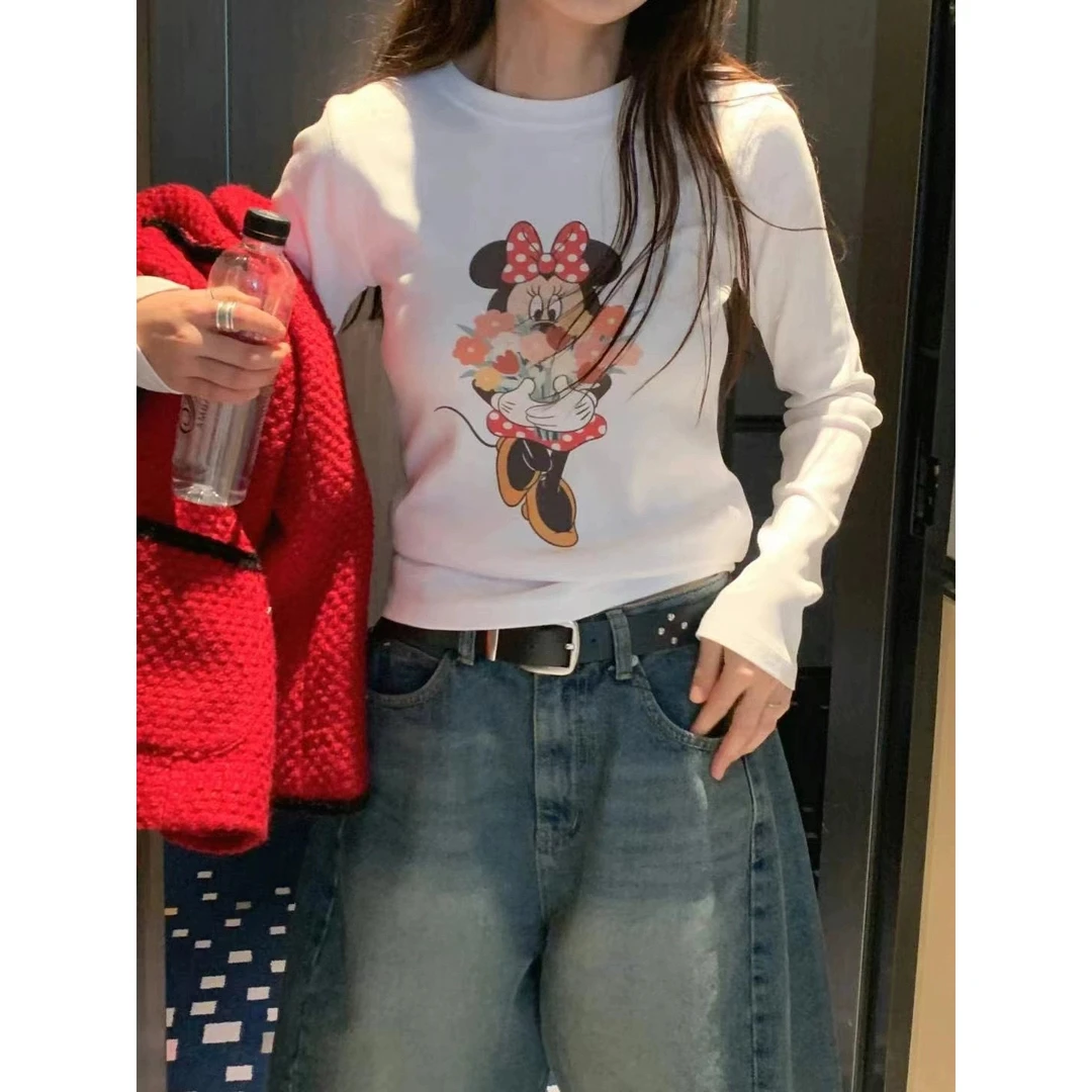 【韩原】 2025春季新款韩国设计师减龄可爱米妮印花修身长袖T恤