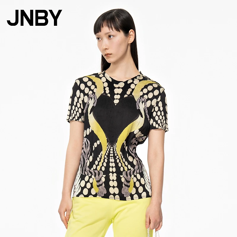 JNBY/江南布衣夏季衬衫短袖修身圆领舒适风琴褶波普印花5M3210200