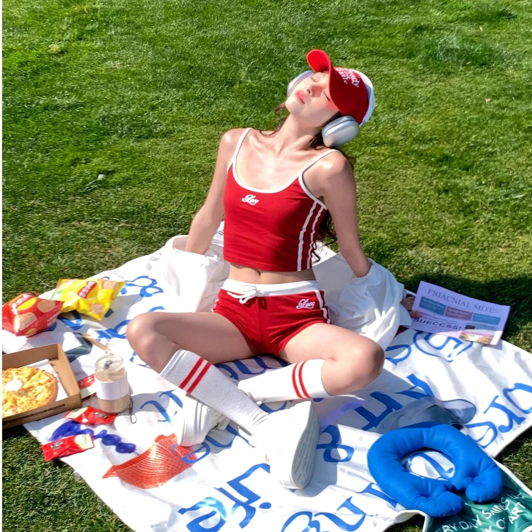 新款美式辣妹运动休闲套装撞色修身吊带上衣低腰短裤瑜伽网红健身