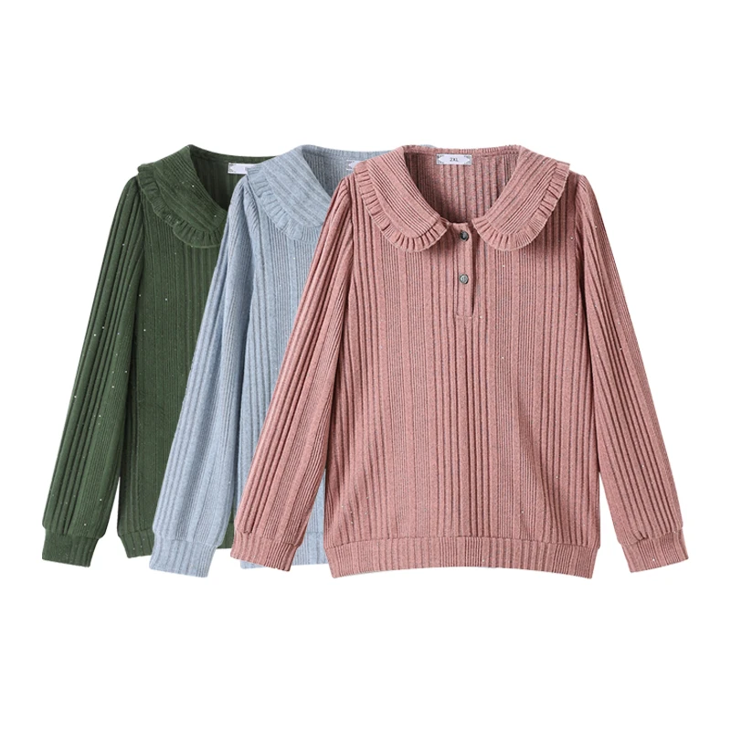 蕾蕾2025秋冬新款大码女装法式娃娃领条纹长袖针织打底上衣1132