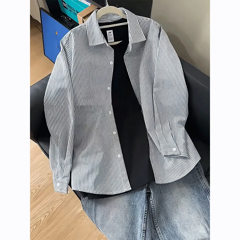 美式复古黑白条纹衬衫男款春秋季重磅潮牌衬衣高级感情侣叠穿外套
