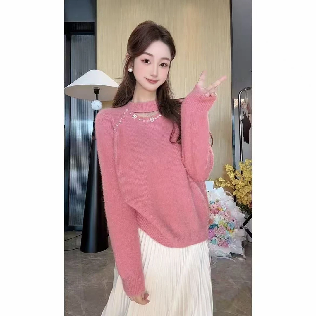 不起球 巨显白镂空珍珠亮钻小立领毛衣女加厚针织衫秋冬打底衫