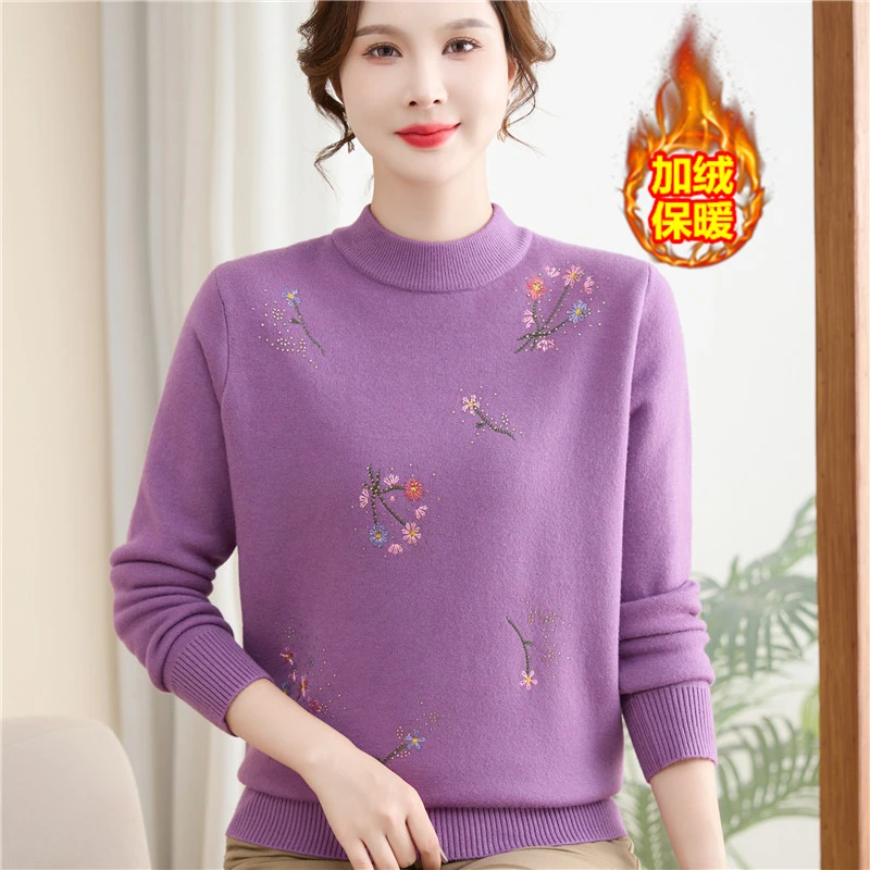 妈妈冬装新款半高领加厚毛衣老太太秋冬季加绒保暖上衣绣花打底衫