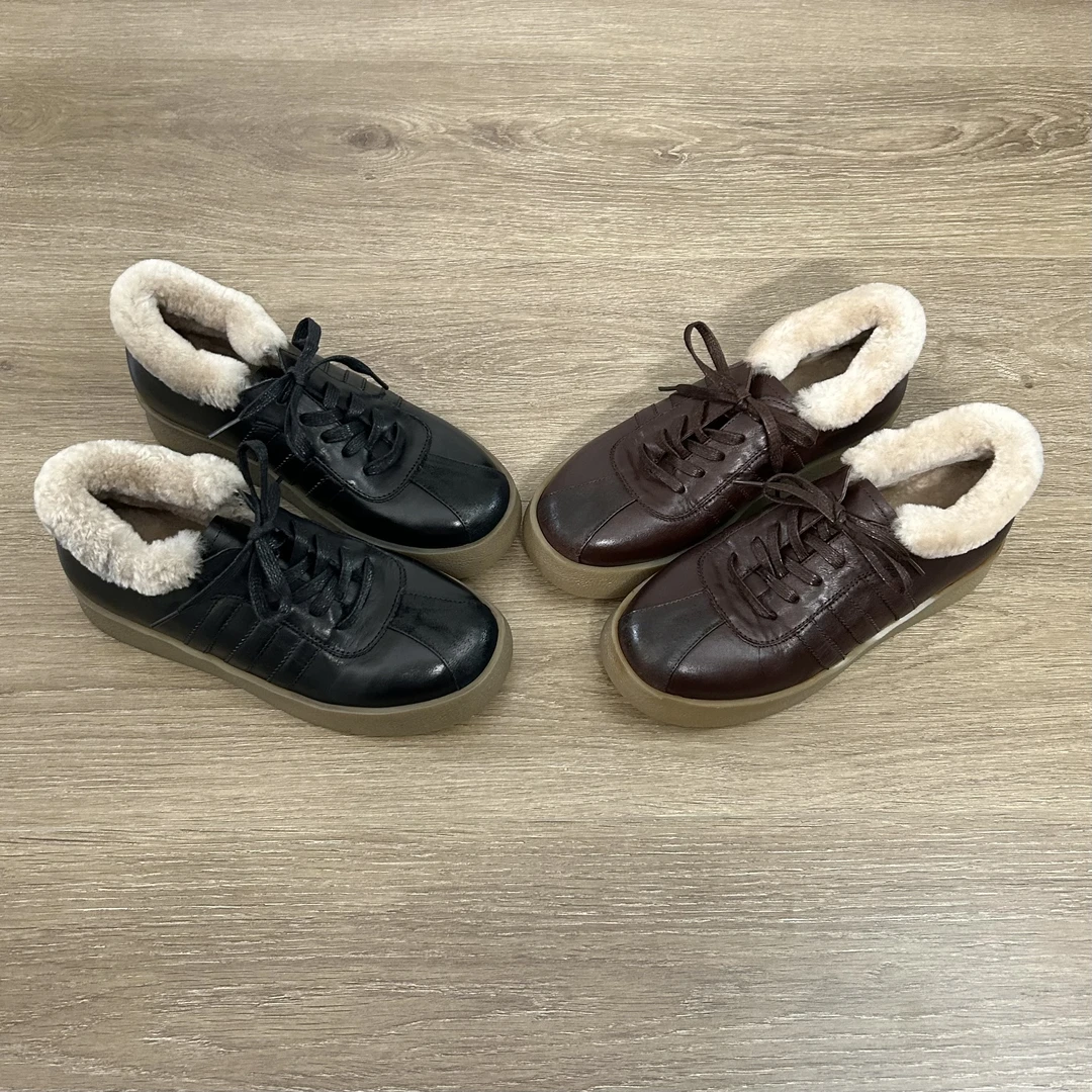 Dannyfrey系带圆头内增高加绒水洗牛皮休闲冬季保暖软皮德训鞋3CM