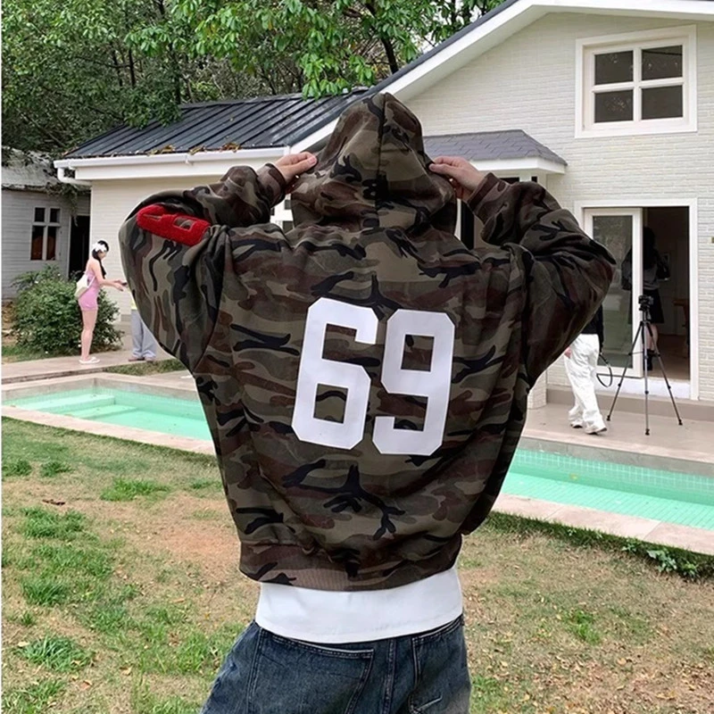 0123Start迷彩开衫连帽卫衣男女宽松美式复古oversize外套秋冬款