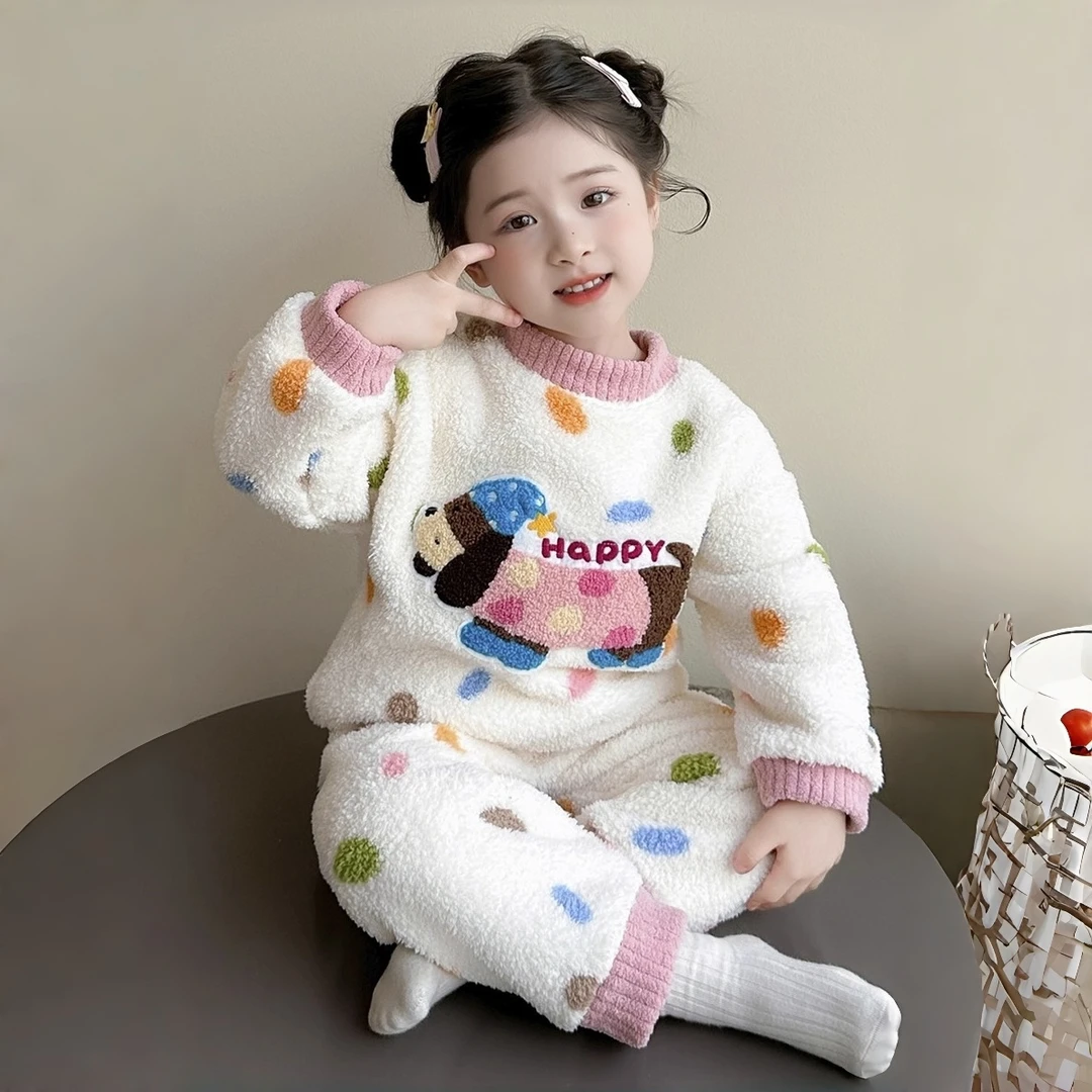 女童儿童睡衣秋冬珊瑚家居服冬季宝宝保暖法兰绒新款加绒加厚套装