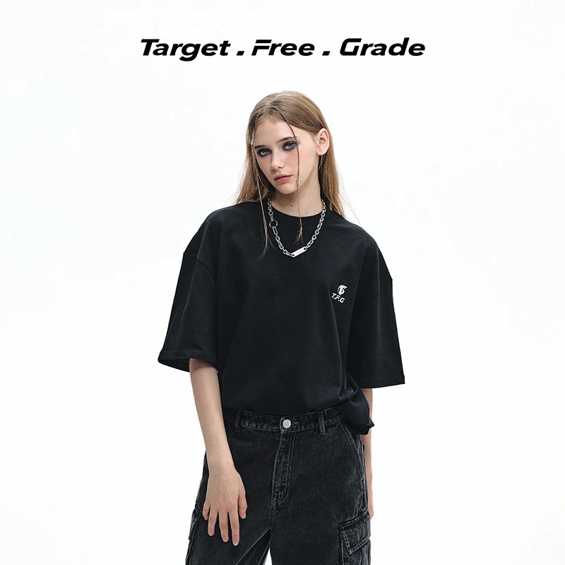 【何洁同款】TFG海岛度假穿搭美式运动极简纯棉圆领黑色短袖T恤