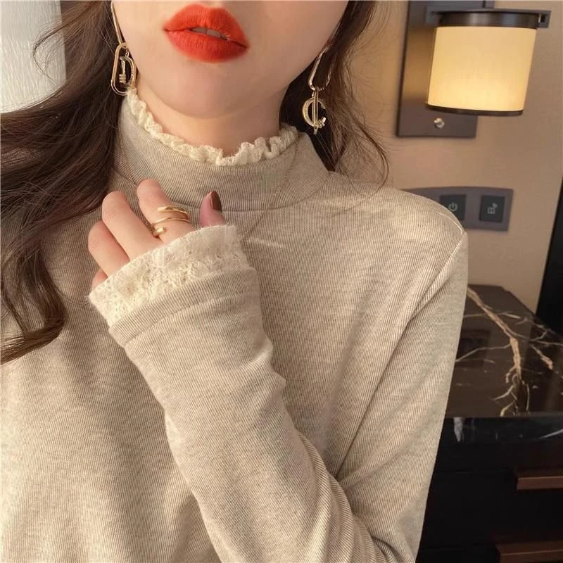 蕾丝德绒半高领打底衫女秋冬新款洋气设计感小众加绒加厚保暖上衣