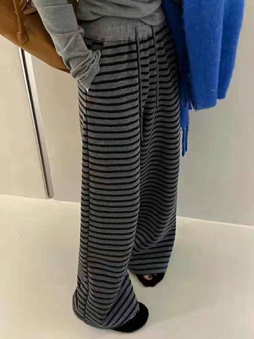 条纹阔腿裤女高腰显瘦直筒高个子加长慵懒风百搭抽绳休闲裤82503