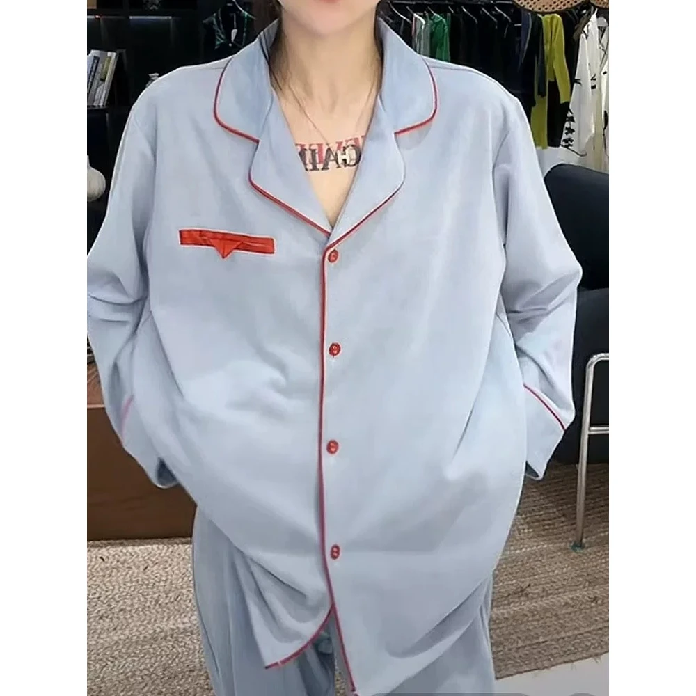 颜事局（莫吉托蓝）新款磨毛睡衣女长袖长裤宽松简约款家居服两件套