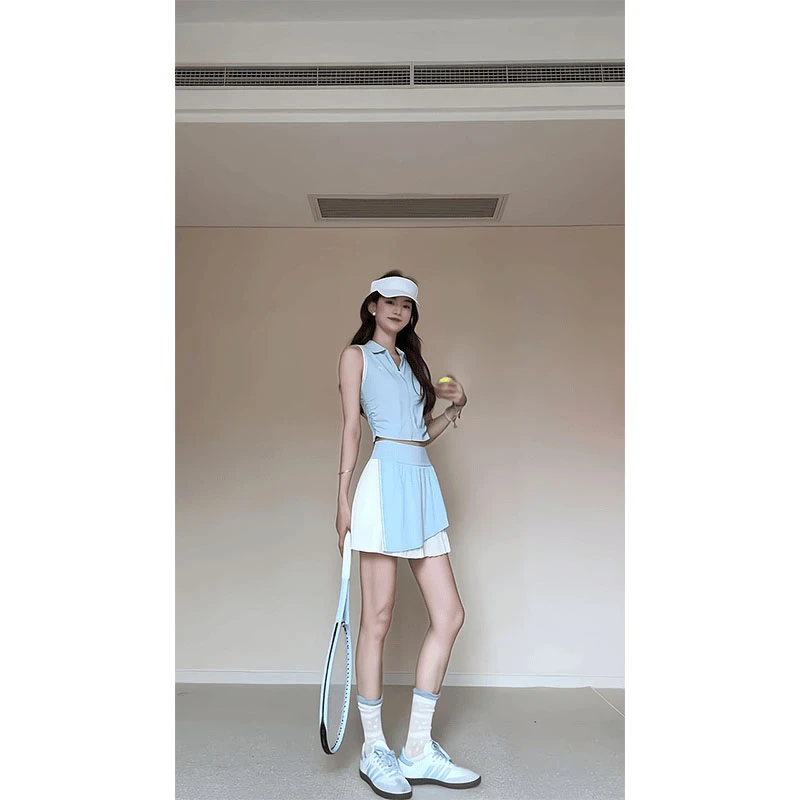 2025新款女士夏季网球运动高尔夫背心上衣高腰显瘦百褶拼接短裙
