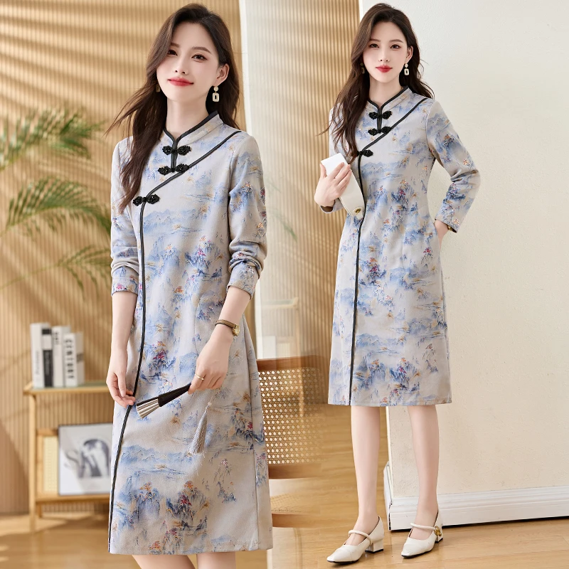 新中式长袖复古印花改良旗袍2025秋季新款高级感气质盘扣中长裙子