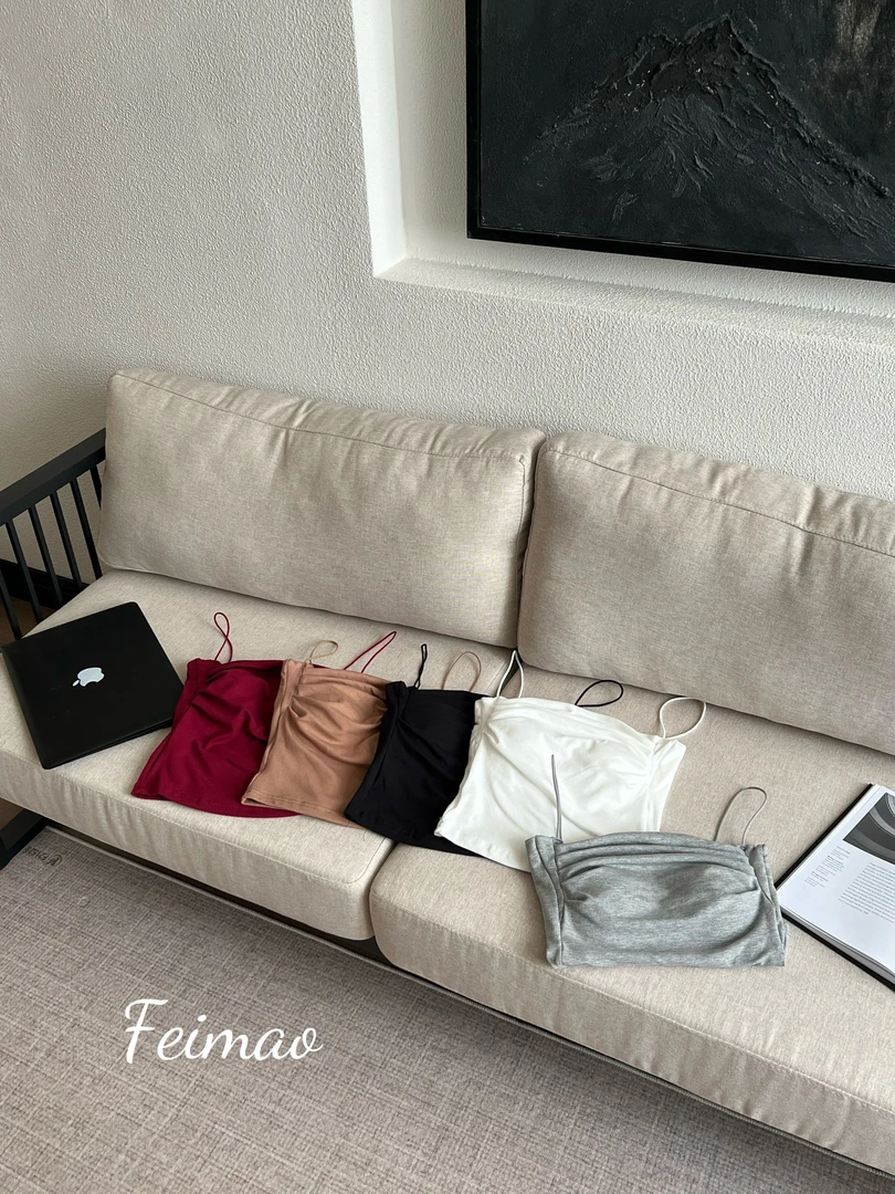 漫画C自带bra！褶皱设计感吊带背心美背修身内搭打底上衣