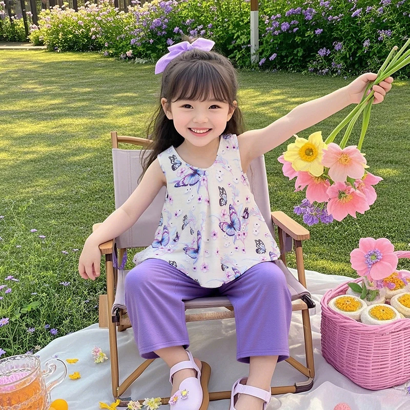 女童夏季薄款套装2025儿童夏装新款阔腿裤无袖国风女孩两件套洋气