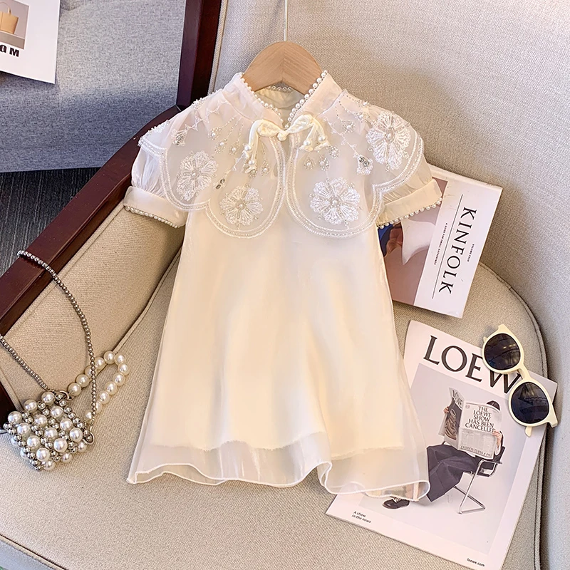 女童夏装汉服裙女宝宝复古风旗袍连衣裙小童披肩旗袍公主裙子6529