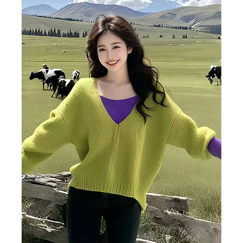 韩版小众高级感撞色针织衫女2025年春秋季新款小个子假俩件上衣潮