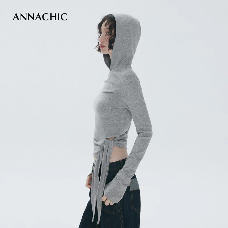 ANNACHIC博主造型_不对称绑带_连帽长袖t恤/辣妹短款修身打底上衣