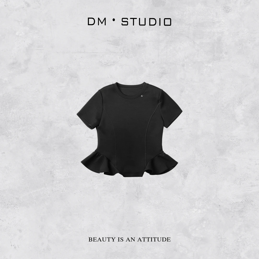 DEDM-DM•STUDIO/小众气质精致感修身剪裁荷叶边短袖上衣（9977）