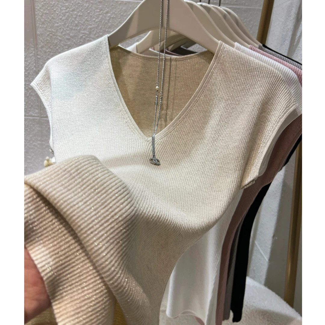 V领背心2025春夏季新款亮丝针织包肩T恤女羊毛混纺修身内搭打底衫