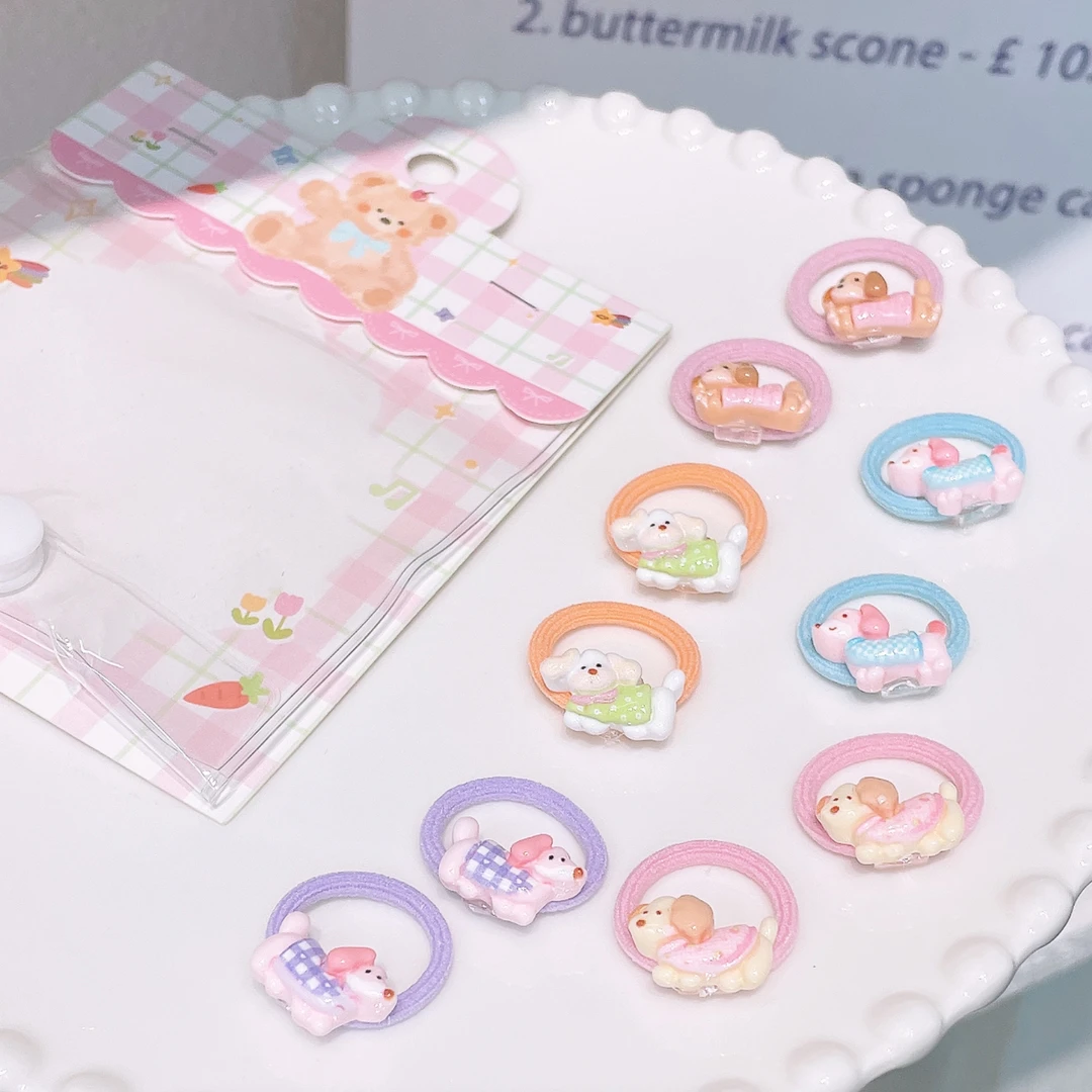 A-7676  bh 1包10个腊肠狗可爱卡通动物格子拇指圈        发圈