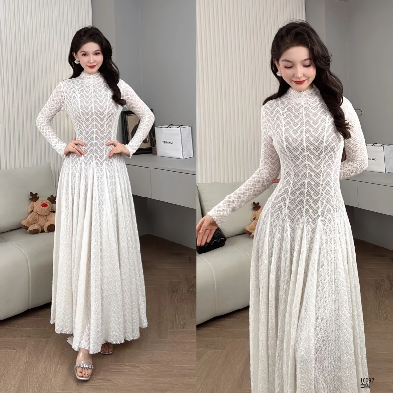 Saeda品牌女装蕾丝长袖秋冬新款轻奢镂空高级大裙摆连衣裙YF10097