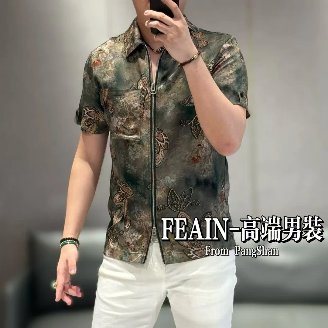 全缎面提花工艺蝴蝶翩翩飞舞上下双开拉链翻领款短袖夹克2435